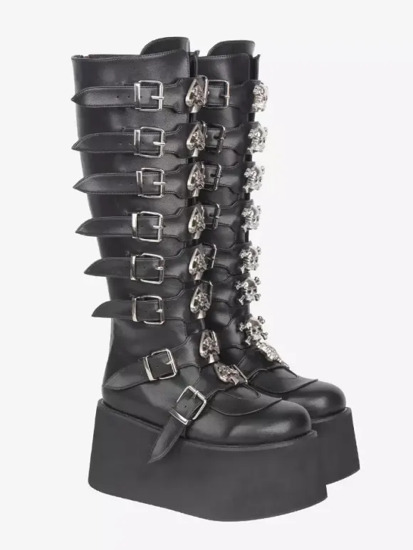 Gothic Lolita Boots Black PU Round Toe Wedge Heel Platform Lolita Shoes