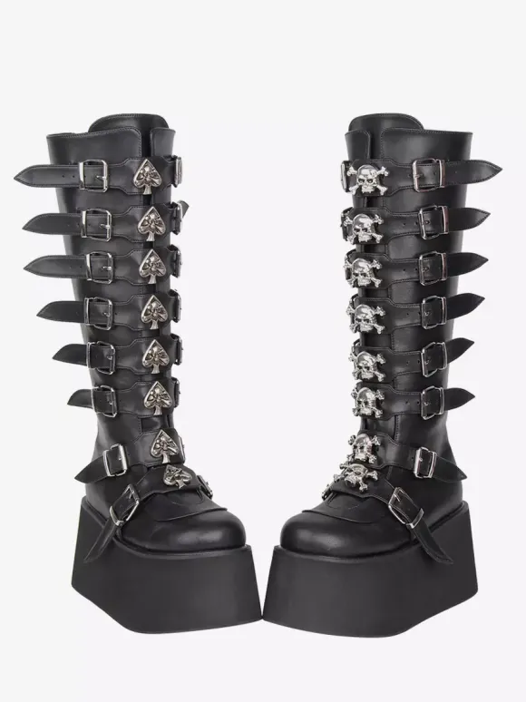 Gothic Lolita Boots Black PU Round Toe Wedge Heel Platform Lolita Shoes