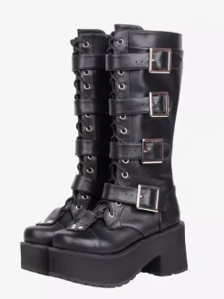 Gothic Lolita Boots Black Round Toe PU Leather Chunky Heel Knee High Lolita Shoes