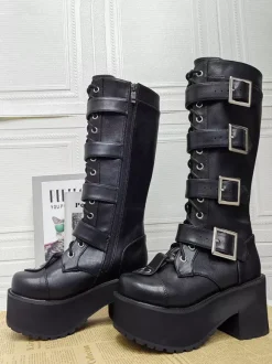 Gothic Lolita Boots Black Round Toe PU Leather Chunky Heel Knee High Lolita Shoes