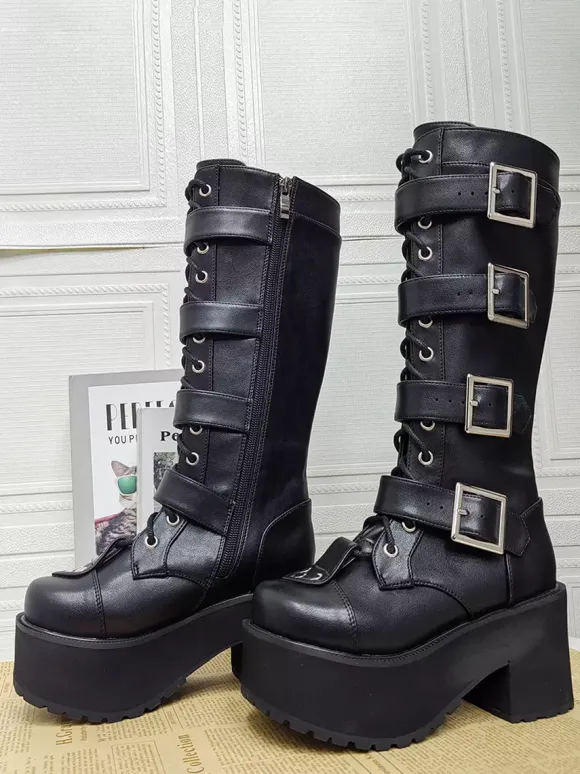 Gothic Lolita Boots Black Round Toe PU Leather Chunky Heel Knee High Lolita Shoes