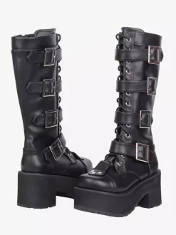 Gothic Lolita Boots Black Round Toe PU Leather Chunky Heel Knee High Lolita Shoes