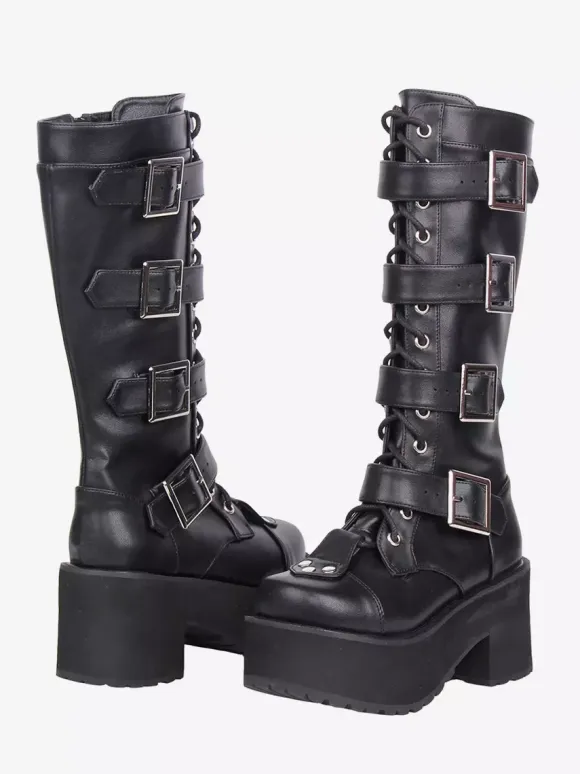 Gothic Lolita Boots Black Round Toe PU Leather Chunky Heel Knee High Lolita Shoes