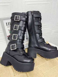 Gothic Lolita Boots Black Round Toe PU Leather Chunky Heel Knee High Lolita Shoes