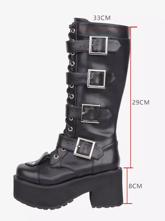 Gothic Lolita Boots Black Round Toe PU Leather Chunky Heel Knee High Lolita Shoes