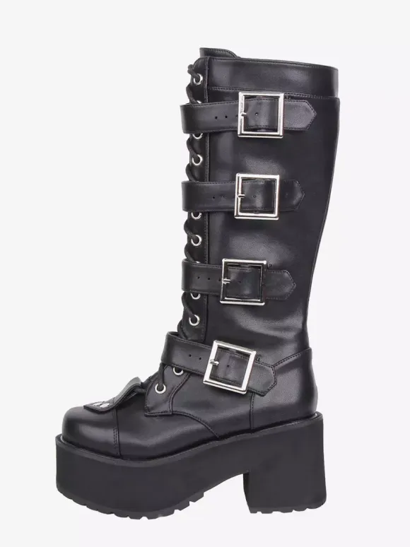 Gothic Lolita Boots Black Round Toe PU Leather Chunky Heel Knee High Lolita Shoes