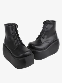 Gothic Lolita Boots Black Round Toe PU Leather Lolita Platform Footwear Ankle Boots