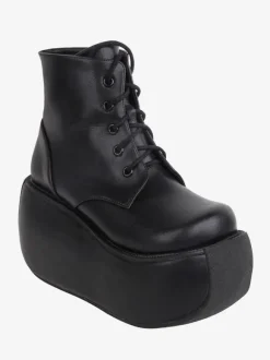 Gothic Lolita Boots Black Round Toe PU Leather Lolita Platform Footwear Ankle Boots