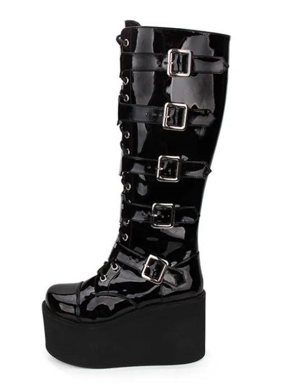 Gothic Lolita Boots Metallic Buckle Zipper Grommet Lace Up Platform Black Lolita Footwear