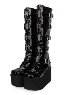 Gothic Lolita Boots Metallic Buckle Zipper Grommet Lace Up Platform Black Lolita Footwear