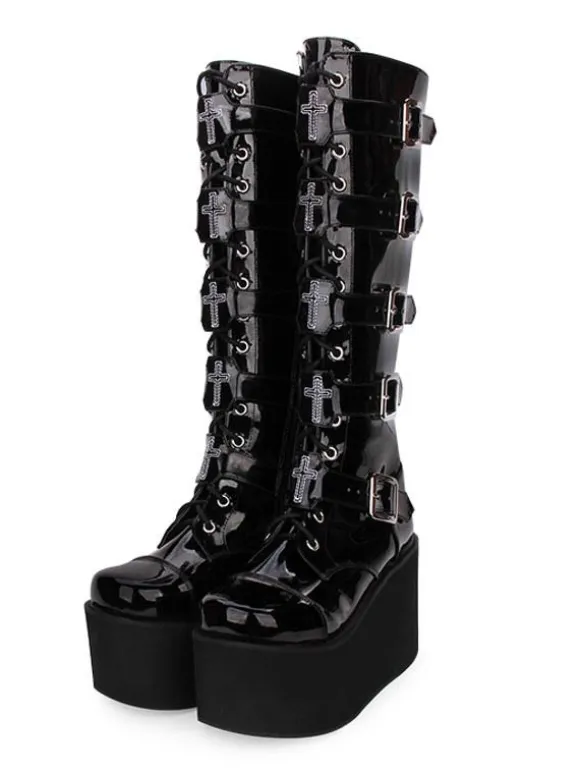 Gothic Lolita Boots Metallic Buckle Zipper Grommet Lace Up Platform Black Lolita Footwear