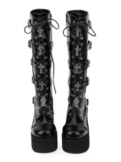 Gothic Lolita Boots Metallic Buckle Zipper Grommet Lace Up Platform Black Lolita Footwear