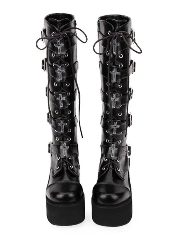 Gothic Lolita Boots Metallic Buckle Zipper Grommet Lace Up Platform Black Lolita Footwear
