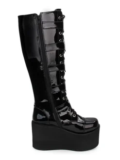 Gothic Lolita Boots Metallic Buckle Zipper Grommet Lace Up Platform Black Lolita Footwear