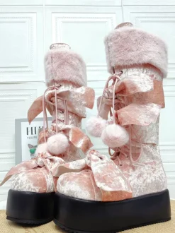 Gothic Lolita Boots Pink PU Round Toe Terry Wedge Heel Knee High Lolita Shoes