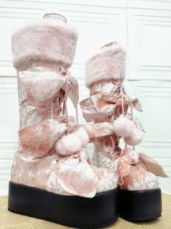 Gothic Lolita Boots Pink PU Round Toe Terry Wedge Heel Knee High Lolita Shoes