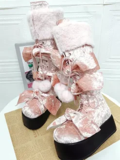Gothic Lolita Boots Pink PU Round Toe Terry Wedge Heel Knee High Lolita Shoes