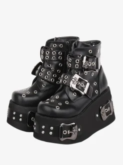 Gothic Lolita Boots PU Leather Grommets Round Toe Black Lolita Footwear