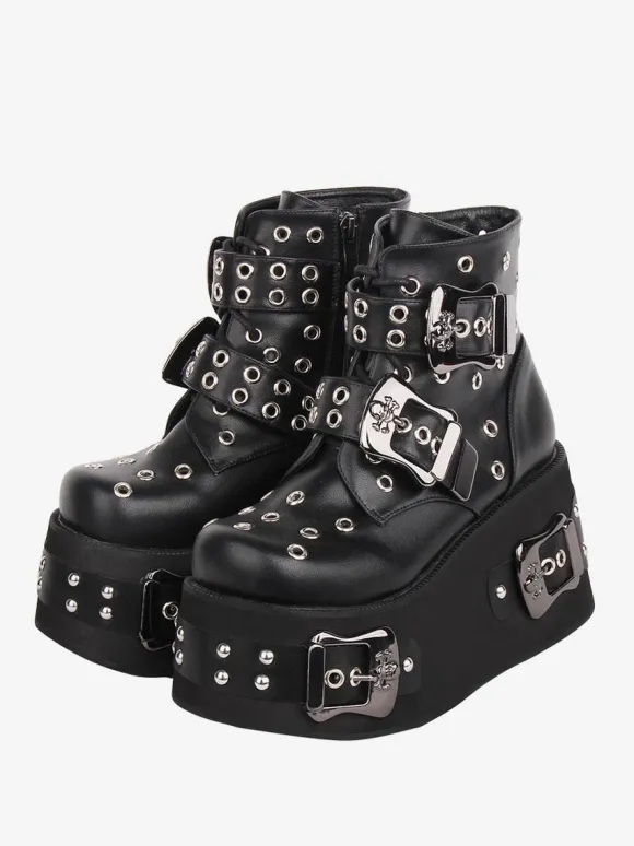 Gothic Lolita Boots PU Leather Grommets Round Toe Black Lolita Footwear