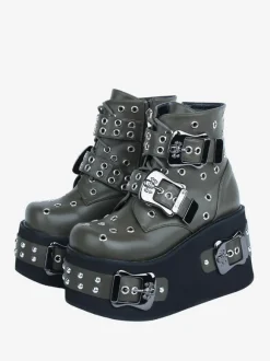Gothic Lolita Boots PU Leather Grommets Round Toe Black Lolita Footwear