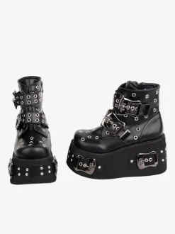 Gothic Lolita Boots PU Leather Grommets Round Toe Black Lolita Footwear
