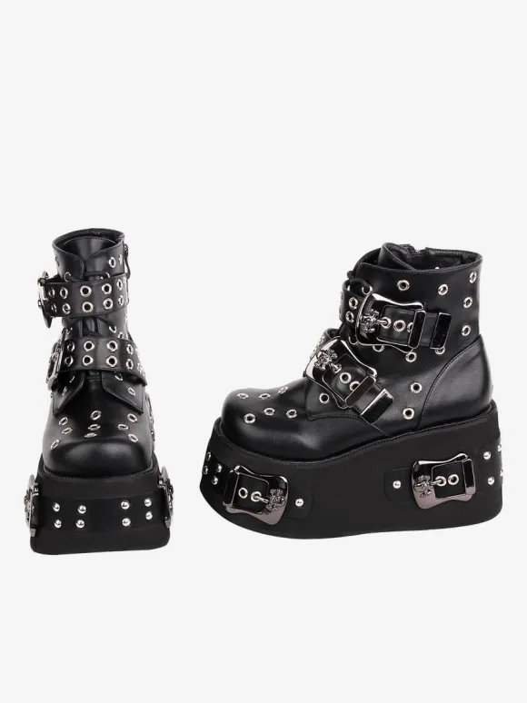 Gothic Lolita Boots PU Leather Grommets Round Toe Black Lolita Footwear
