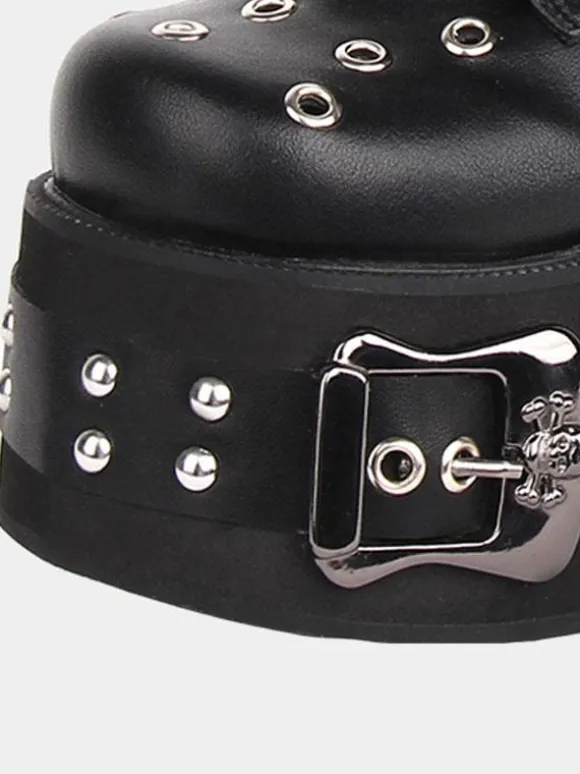 Gothic Lolita Boots PU Leather Grommets Round Toe Black Lolita Footwear