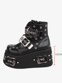 Gothic Lolita Boots PU Leather Grommets Round Toe Black Lolita Footwear