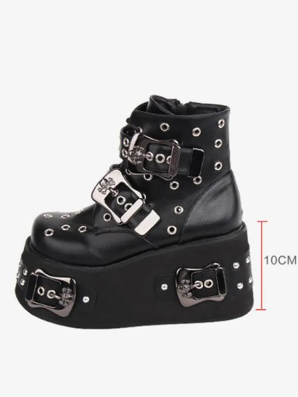 Gothic Lolita Boots PU Leather Grommets Round Toe Black Lolita Footwear