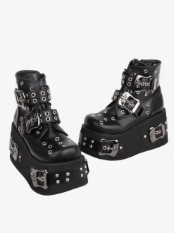 Gothic Lolita Boots PU Leather Grommets Round Toe Black Lolita Footwear