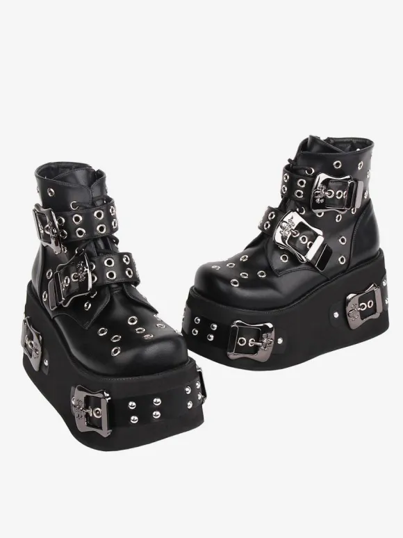 Gothic Lolita Boots PU Leather Grommets Round Toe Black Lolita Footwear