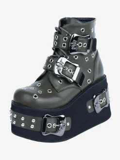 Gothic Lolita Boots PU Leather Grommets Round Toe Black Lolita Footwear