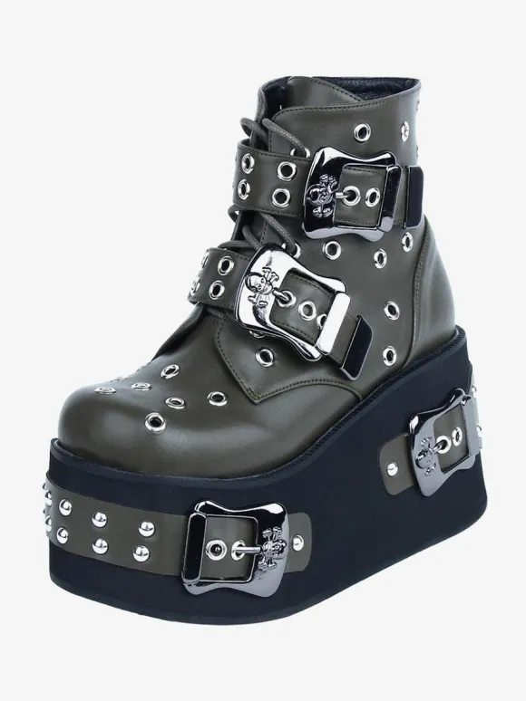 Gothic Lolita Boots PU Leather Grommets Round Toe Black Lolita Footwear