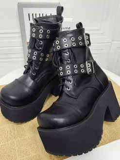 Gothic Lolita Boots PU Leather Round Toe Black Chunky Heel Lolita Shoes