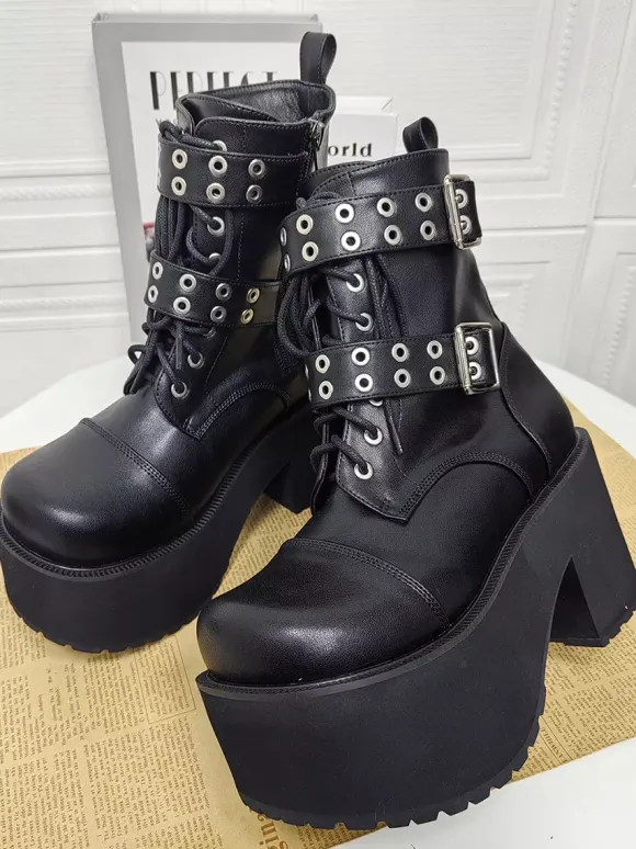 Gothic Lolita Boots PU Leather Round Toe Black Chunky Heel Lolita Shoes