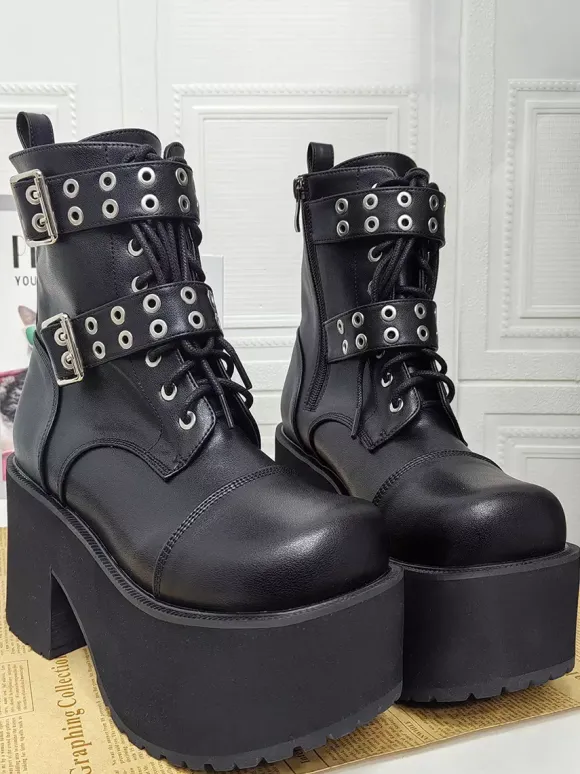 Gothic Lolita Boots PU Leather Round Toe Black Chunky Heel Lolita Shoes
