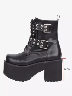Gothic Lolita Boots PU Leather Round Toe Black Chunky Heel Lolita Shoes
