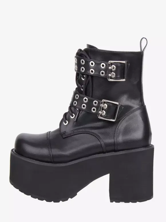 Gothic Lolita Boots PU Leather Round Toe Black Chunky Heel Lolita Shoes