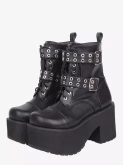 Gothic Lolita Boots PU Leather Round Toe Black Chunky Heel Lolita Shoes