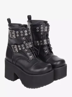 Gothic Lolita Boots PU Leather Round Toe Black Chunky Heel Lolita Shoes