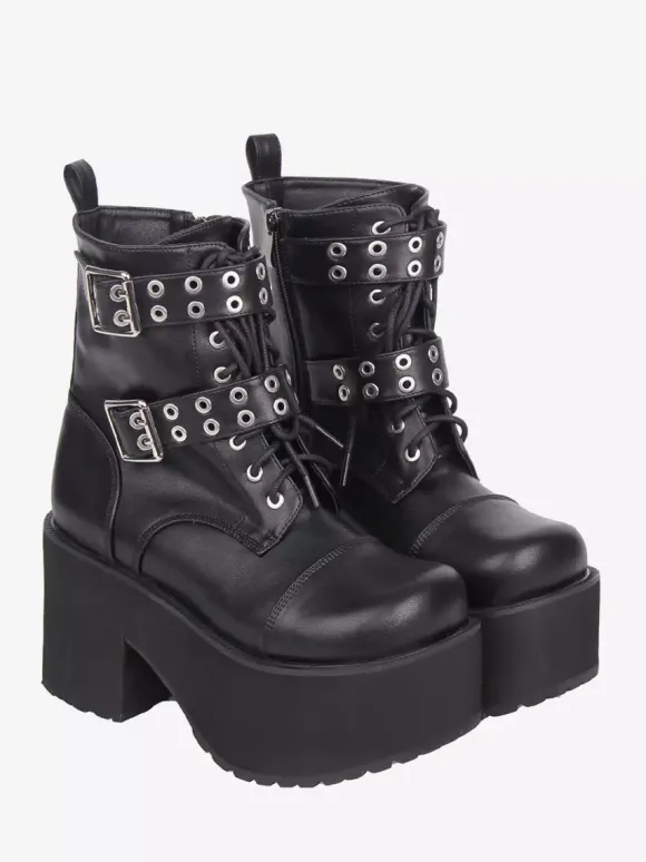 Gothic Lolita Boots PU Leather Round Toe Black Chunky Heel Lolita Shoes