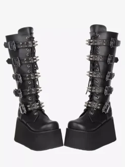 Gothic Lolita Boots PU Leather PU Round Toe Black Wedge Heel Lolita Shoes