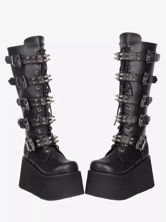 Gothic Lolita Boots PU Leather PU Round Toe Black Wedge Heel Lolita Shoes