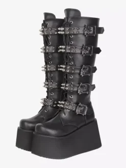 Gothic Lolita Boots PU Leather PU Round Toe Black Wedge Heel Lolita Shoes