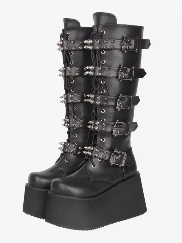 Gothic Lolita Boots PU Leather PU Round Toe Black Wedge Heel Lolita Shoes