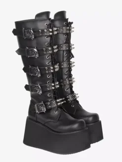 Gothic Lolita Boots PU Leather PU Round Toe Black Wedge Heel Lolita Shoes
