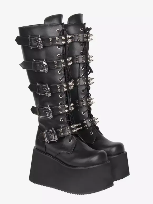 Gothic Lolita Boots PU Leather PU Round Toe Black Wedge Heel Lolita Shoes