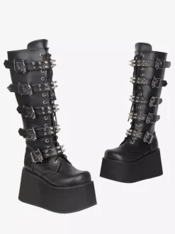 Gothic Lolita Boots PU Leather PU Round Toe Black Wedge Heel Lolita Shoes