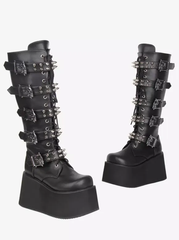 Gothic Lolita Boots PU Leather PU Round Toe Black Wedge Heel Lolita Shoes