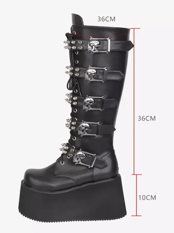 Gothic Lolita Boots PU Leather PU Round Toe Black Wedge Heel Lolita Shoes